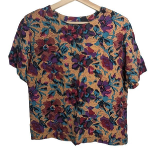 Vintage BOHO Intentions Cropped Floral Tan Teal Purple‎ Blouse Top Shirt 80s 90s